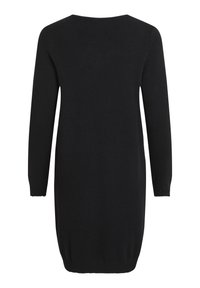 Robe pull noire avec manches longues, col rond, poignets et ourlet côtelés, fabriquée en tissu doux, avec une texture lisse.