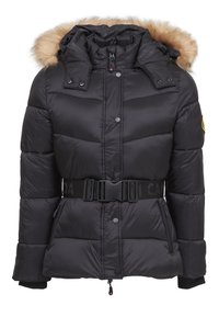 Chaqueta de plumas negra con capucha con ribete de pelo, cintura ceñida, cierres a presión y bolsillos con cremallera. Tejido texturizado con diseño acolchado.