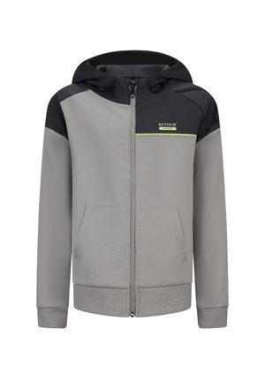 Grijze zip-up hoodie met zwarte accenten, voorzien van een capuchon, voorzakken en een klein groen logo. Gelukkig stoftextuur en aansluitende boorden.