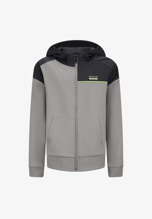 Grauer Reißverschluss-Hoodie mit schwarzen Akzenten, ausgestattet mit einer Kapuze, frontalen Taschen und einem kleinen Logo in grün. Glatte Stoffoberfläche und enganliegende Bündchen.