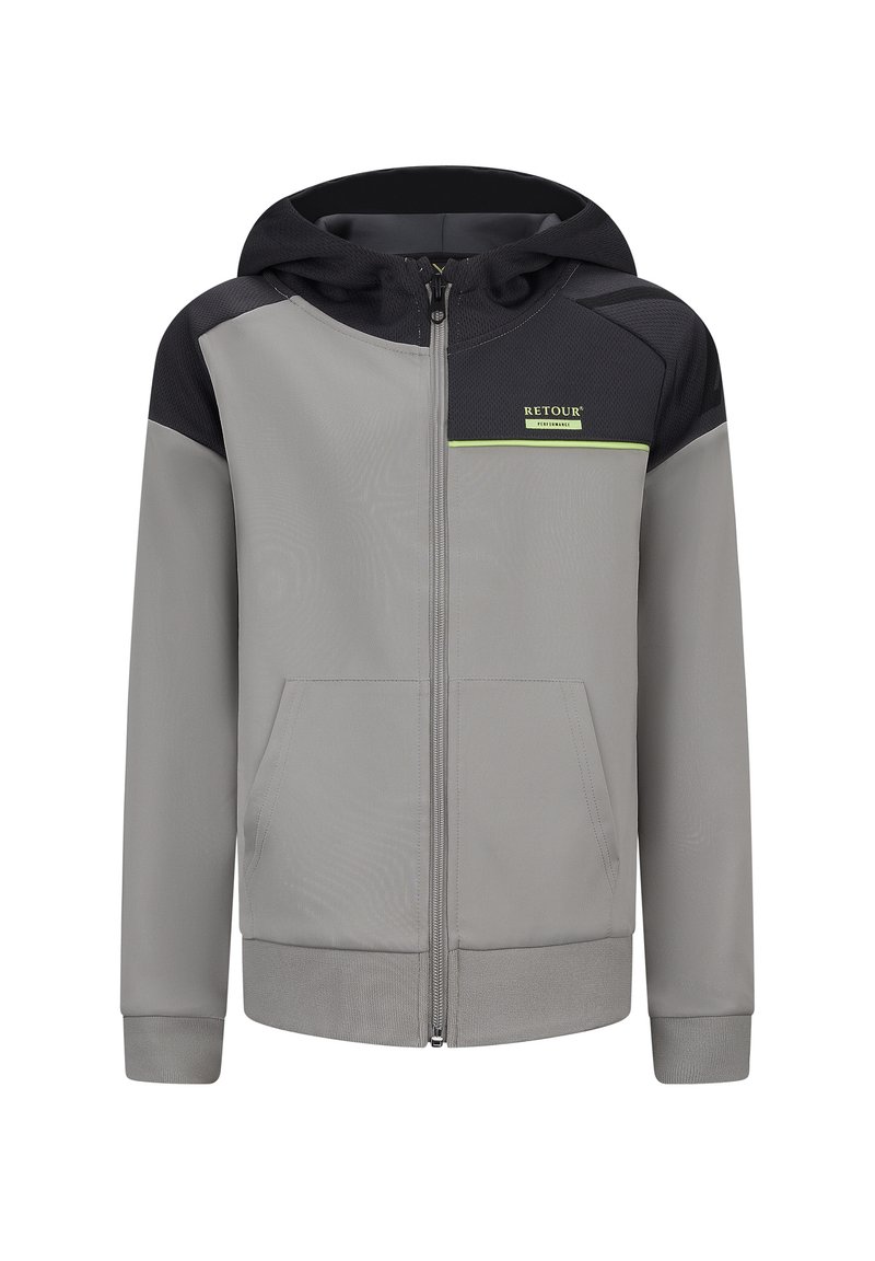 Felpa grigia con zip e dettagli neri, dotata di cappuccio, tasche frontali e un piccolo logo verde. Tessuto morbido e polsini aderenti.