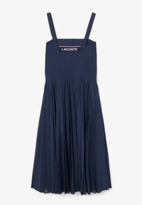 Temno modra obleka z nastavljivimi tankimi naramnicami, oprijetim zgornjim delom in nabranimi krili, ki imajo mrežne panele. Lacoste logo na vratnem izrezu.