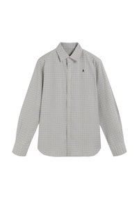 Koszula z długim rękawem w białym kolorze z wzorem w kratkę w kolorach niebieskim i pomarańczowym. Posiada kołnierzyk na guziki oraz małe logo na piersi.