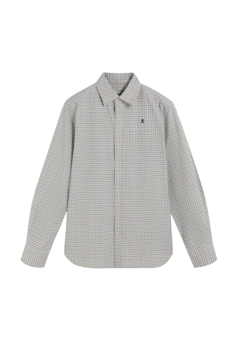 Camisa de manga larga en blanco con un patrón a cuadros en azul y naranja. Cuenta con un cuello abotonado y un pequeño logo en el pecho.