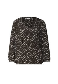 Black long-sleeve blouse with white polka dots, V-neck with drawstring ties, and elastic hem and cuffs.