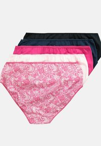 Paket med fyra damunderkläder i olika färger: rosa med blommönster, enfärgat marinblått, enfärgat mörkrosa och enfärgat ljusrosa. Mjukt tyg, elastisk midja.