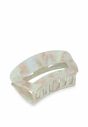 Translucente plastic haarclip, gebogen ontwerp met een parelmoer afwerking, met een open midden en meerdere tanden voor grip.