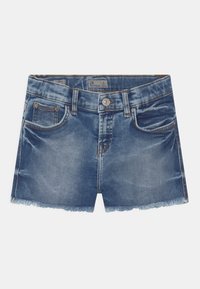 Shorts in denim blu chiaro con orli sfrangiati, design a cinque tasche e chiusura con bottone argentato. Realizzati in un morbido denim a trama.