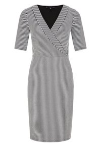 Schwarz-weiß gestreiftes Kleid mit Wickeldesign, kurzen Ärmeln, tiefem V-Ausschnitt, taillierter Taille und geradem Rock. Hergestellt aus einem elastischen Stoff.