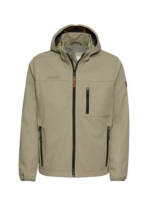 Veste softshell khaki avec capuche, présentant des accents noirs, des poignets élastiques, deux poches zippées et une doublure intérieure à motif à carreaux.