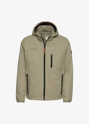 Khaki kurtka typu softshell z kapturem, z czarnymi akcentami, elastycznymi mankietami, dwiema kieszeniami na zamek błyskawiczny oraz wewnętrzną podszewką w kratę.
