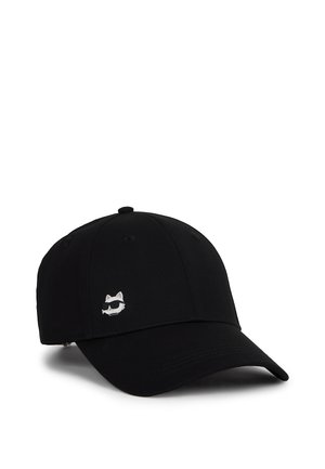 Black baseball cap made of fabric, featuring a flat visor, and a white cat logo wearing sunglasses on the front. Adjustable strap at the back.