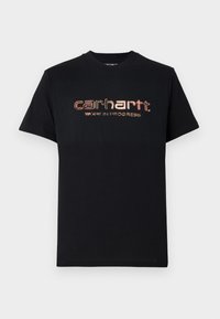 Black cotton t-shirt with short sleeves and a crew neck. Front features metallic red and gold text: "carhartt. WORK IN PROGRESS."