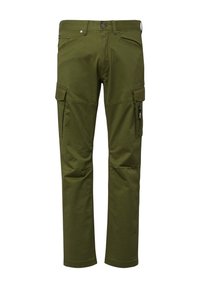 Cargohose aus olivgrünem Stoff, mit mehreren Seitentaschen, einer Reißverschlusstasche am rechten Bein und einem Knopfverschluss in der Taille.