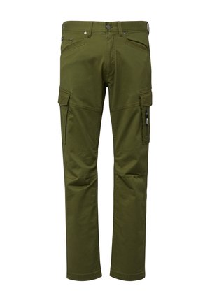 Cargo broeken van olijfgroene stof, voorzien van meerdere zijzakken, een ritszak aan het rechterbeen en een knoopsluiting in de taille.