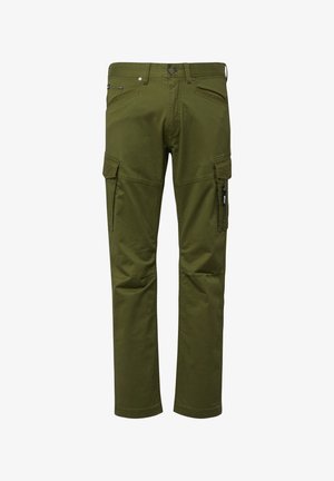 Cargo broeken van olijfgroene stof, voorzien van meerdere zijzakken, een ritszak aan het rechterbeen en een knoopsluiting in de taille.