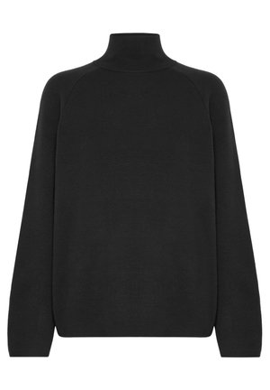 Pull col roulé noir en tissu tricot doux. Doté de manches longues et d'une coupe décontractée avec des poignets et un ourlet côtelés. Pas de motifs visibles.