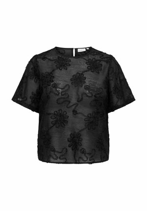 Blouse noire transparente à manches courtes avec broderie florale texturée et encolure ronde, dotée d'une fermeture bouton œillet dans le dos.