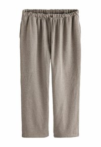 Szare dresy wykonane z miękkiego materiału, z elastycznym paskiem w talii i sznurkiem do regulacji, oraz bocznymi kieszeniami. Prosta nogawka i gładka tekstura.