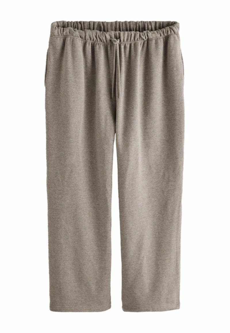 Szare dresy wykonane z miękkiego materiału, z elastycznym paskiem w talii i sznurkiem do regulacji, oraz bocznymi kieszeniami. Prosta nogawka i gładka tekstura.