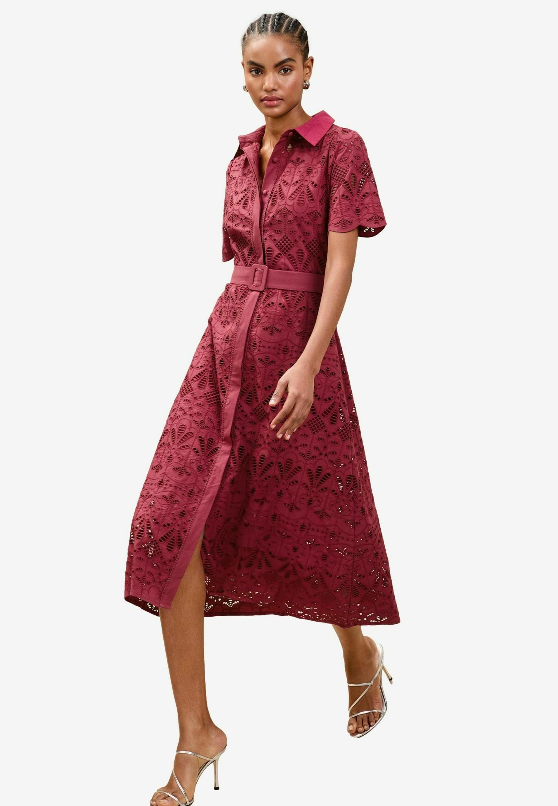 Lipsy REGULAR FIT BRODERIE BELTED - Shirt dress - burgundy red/red