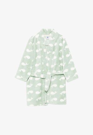 Jasnozielony szlafrok z polaru z białym wzorem wieloryba, z kołnierzem szalowym, długimi rękawami i pasującym paskiem. Miękka tekstura.