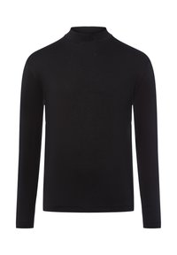 Czarna, długa koszulka z golfem wykonana z miękkiego, rozciągliwego materiału. Gładka faktura, dopasowany krój i wysoki kołnierz. Bez wzorów i ozdób.