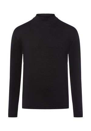 Svart långärmad polotröja tillverkad av mjukt, stretchigt tyg. Slät textur med en tajt passform och hög krage. Inga mönster eller detaljer.