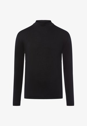 Svart långärmad polotröja tillverkad av mjukt, stretchigt tyg. Slät textur med en tajt passform och hög krage. Inga mönster eller detaljer.