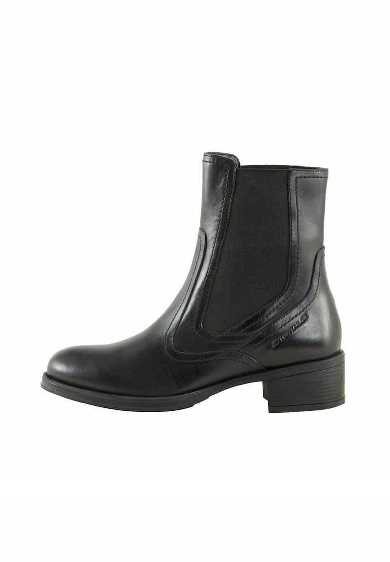 Bottine noire en cuir avec panneau latéral élastique, talon bas empilé et bout arrondi, vue de profil côté droit.