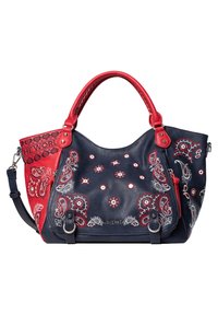 Granatowa skórzana torba z czerwonymi akcentami, haftem w paisley, podwójnymi uchwytami i odpinanym paskiem na ramię. Posiada zamek błyskawiczny oraz dekoracyjne elementy metalowe.