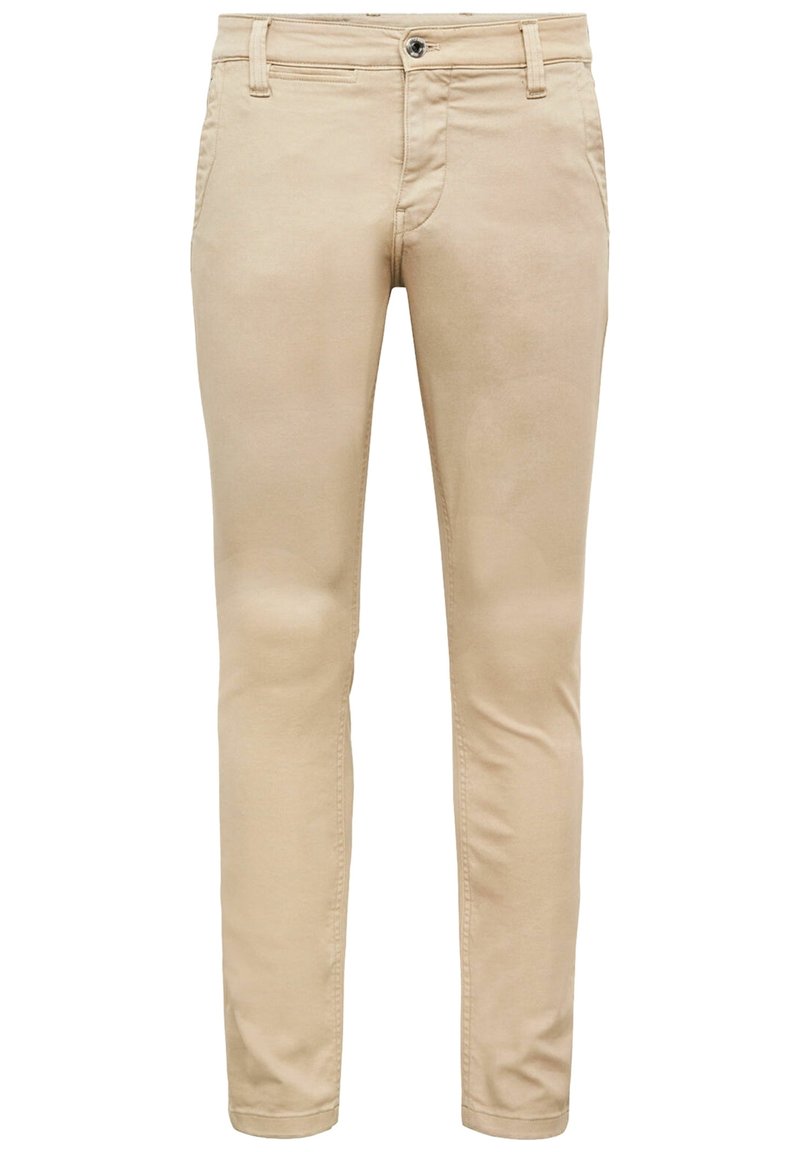Chinos de algodón beiges con una textura suave, ajuste slim, bolsillos frontales tradicionales y un cierre de un solo botón en la cintura.