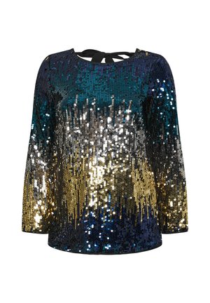 Top con paillettes a maniche lunghe, caratterizzato da una gradazione di blu, argento e oro. Collo rotondo con chiusura a fiocco nera sul retro.