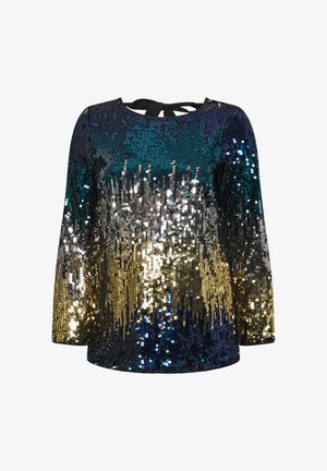 Pailletetop med lange ærmer, der har en gradient af blå, sølv og guld. Rund halsudskæring med en sort båndlukning bagpå.