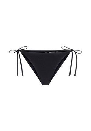 Black bikini bottom with adjustable ties on each side, made from smooth material, featuring a V-shaped front and back design.