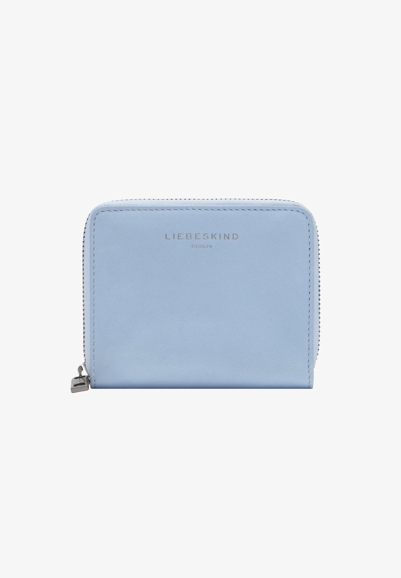 Portefeuille en cuir bleu clair avec fermeture éclair argentée et logo "Liebeskind Berlin" centré à l'avant.