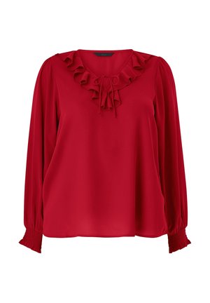 Rode blouse van lichte stof met een gerimpelde halslijn, strikdetail, lange mouwen en gerimpelde manchetten. Glad textuur door de hele blouse.