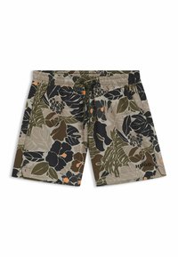 Shorts de bain pour hommes en tissu léger, avec un motif floral dans des tons de beige, vert, noir et orange. Taille avec cordon de serrage.