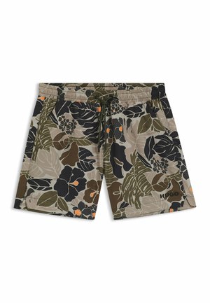 Shorts de bain pour hommes en tissu léger, avec un motif floral dans des tons de beige, vert, noir et orange. Taille avec cordon de serrage.