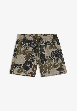 Shorts de bain pour hommes en tissu léger, avec un motif floral dans des tons de beige, vert, noir et orange. Taille avec cordon de serrage.