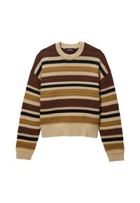 Pull en tricot avec un col rond, présentant des rayures horizontales marron, crème, noir et moutarde. Détail texturé et poignets côtelés.