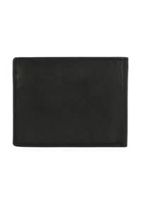 Black leather wallet with a smooth texture, rectangular shape, and stitched edges. No visible hardware or patterns. Compact design.