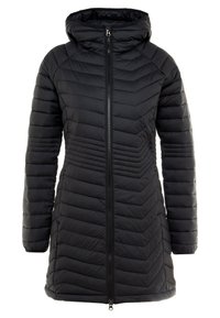 Abrigo acolchado negro con capucha, que presenta un patrón en forma de chevrón, cremallera de largo completo y mangas largas. Fabricado con un material sintético ligero.