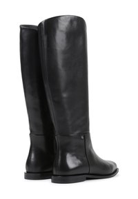 Knee-high, black leather boots with a smooth finish, rounded toes, and minimal hardware detail at the heel. Sleek and fitted design.