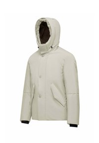 Beige pufferjack met een capuchon, voorzien van een bruine binnenvoering, twee schuine zakken en knoopsluitingen. Zachte, gladde textuur.