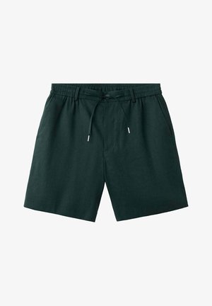 Shorts décontractés vert foncé avec taille élastique et cordon, poches latérales et coupe ample.