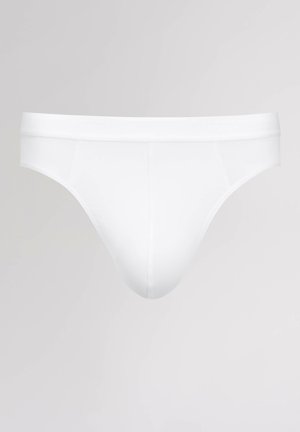 Valkoiset puuvillabriiffit, joissa on sileä pinta, joustava vyötärö ja yksinkertainen muotoilu. Ominaisuuksiin kuuluu minimimäärä saumoja eikä näkyvää brändäystä.