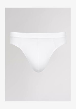 Valkoiset puuvillabriiffit, joissa on sileä pinta, joustava vyötärö ja yksinkertainen muotoilu. Ominaisuuksiin kuuluu minimimäärä saumoja eikä näkyvää brändäystä.