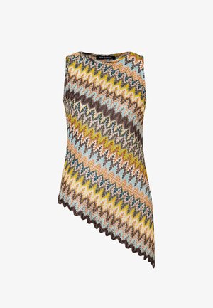 Sleeveless knit top with multicolor zigzag pattern in yellow, brown, blue, and beige, featuring an asymmetrical scalloped hem.