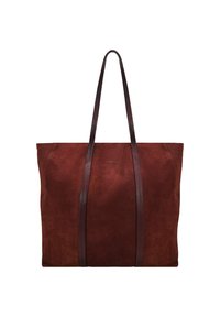Bolso tote de ante marrón con asas de cuero oscuro. Presenta un diseño minimalista y un interior espacioso; textura suave en todo momento.